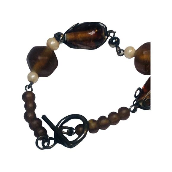 Brown Glass Beaded Bracelet 5.25” Wrapped Wire Copper Bohemian - Picture 7 of 11